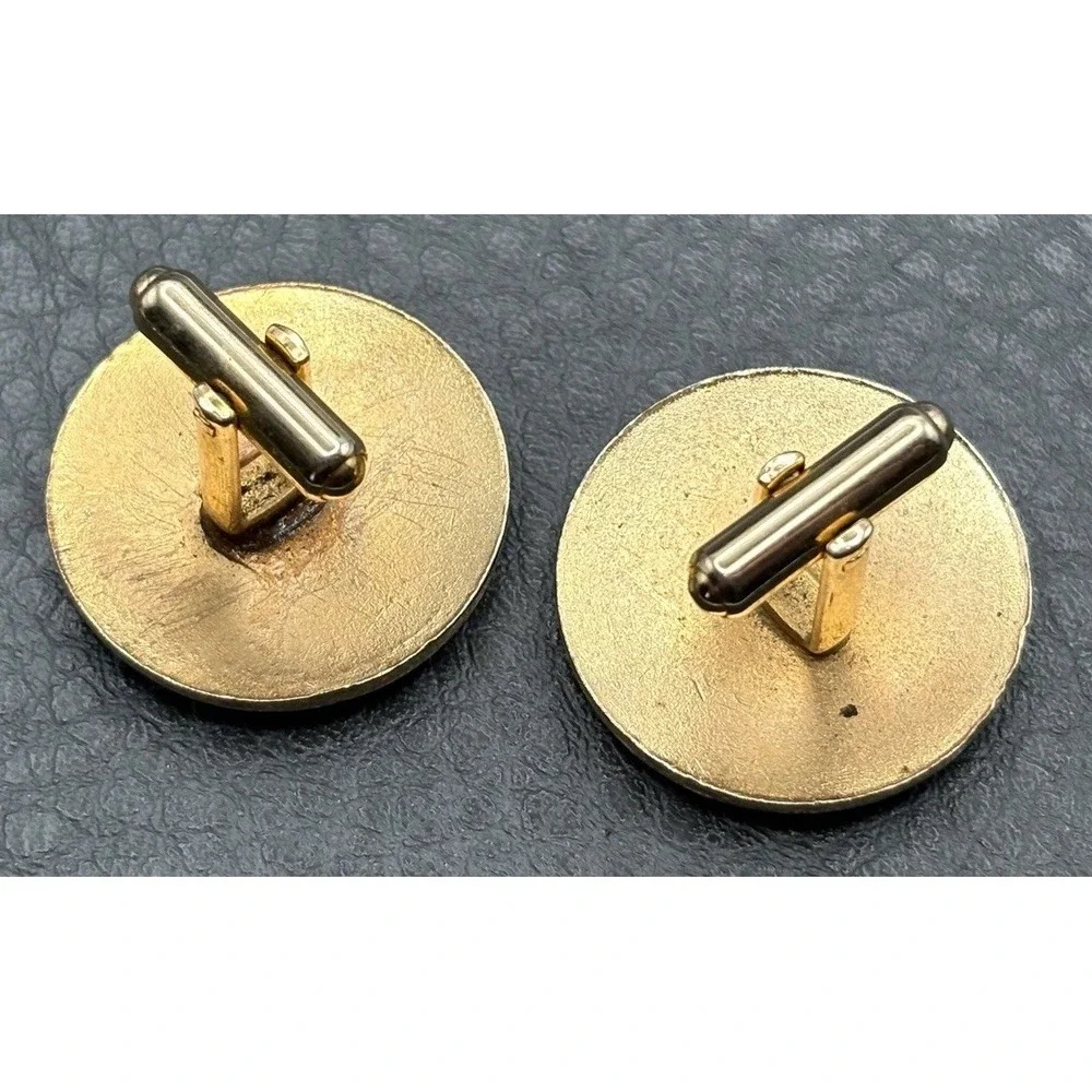 Vintage Gold Tone Blue Enamel Plaid Pattern Modernist MCM Enamel Cufflinks